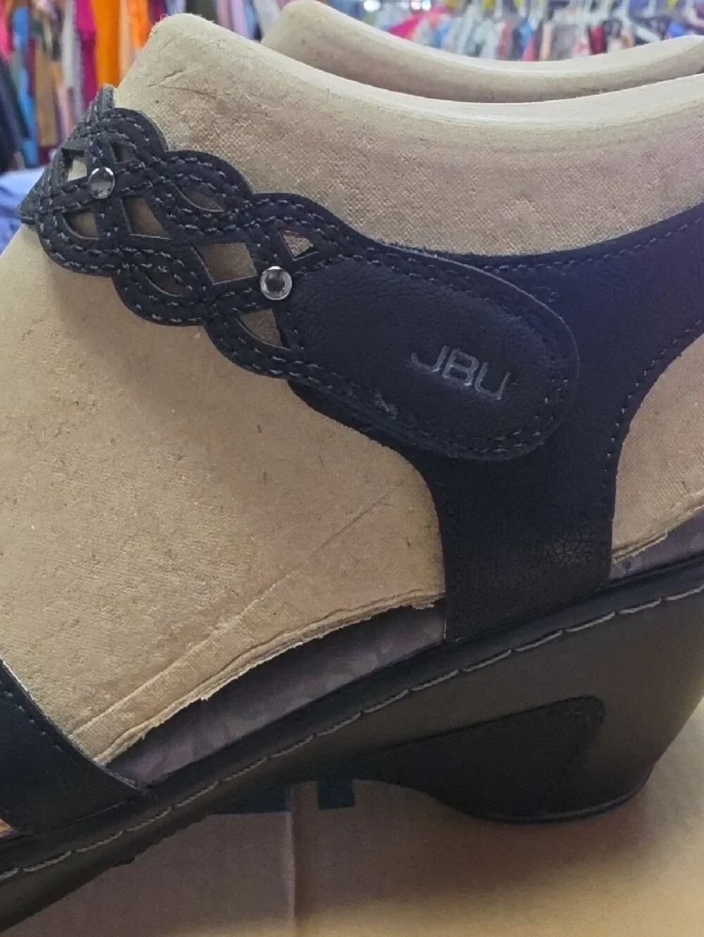 JBU Black Strappy Wedge Sandals with Decorative Ankle Band | 9 1/2